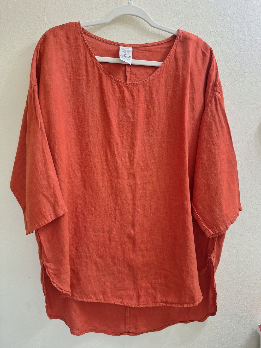 Summer Linen Coral Orange 100% Linen Oversized Lagenlook Tunic Top - Medium